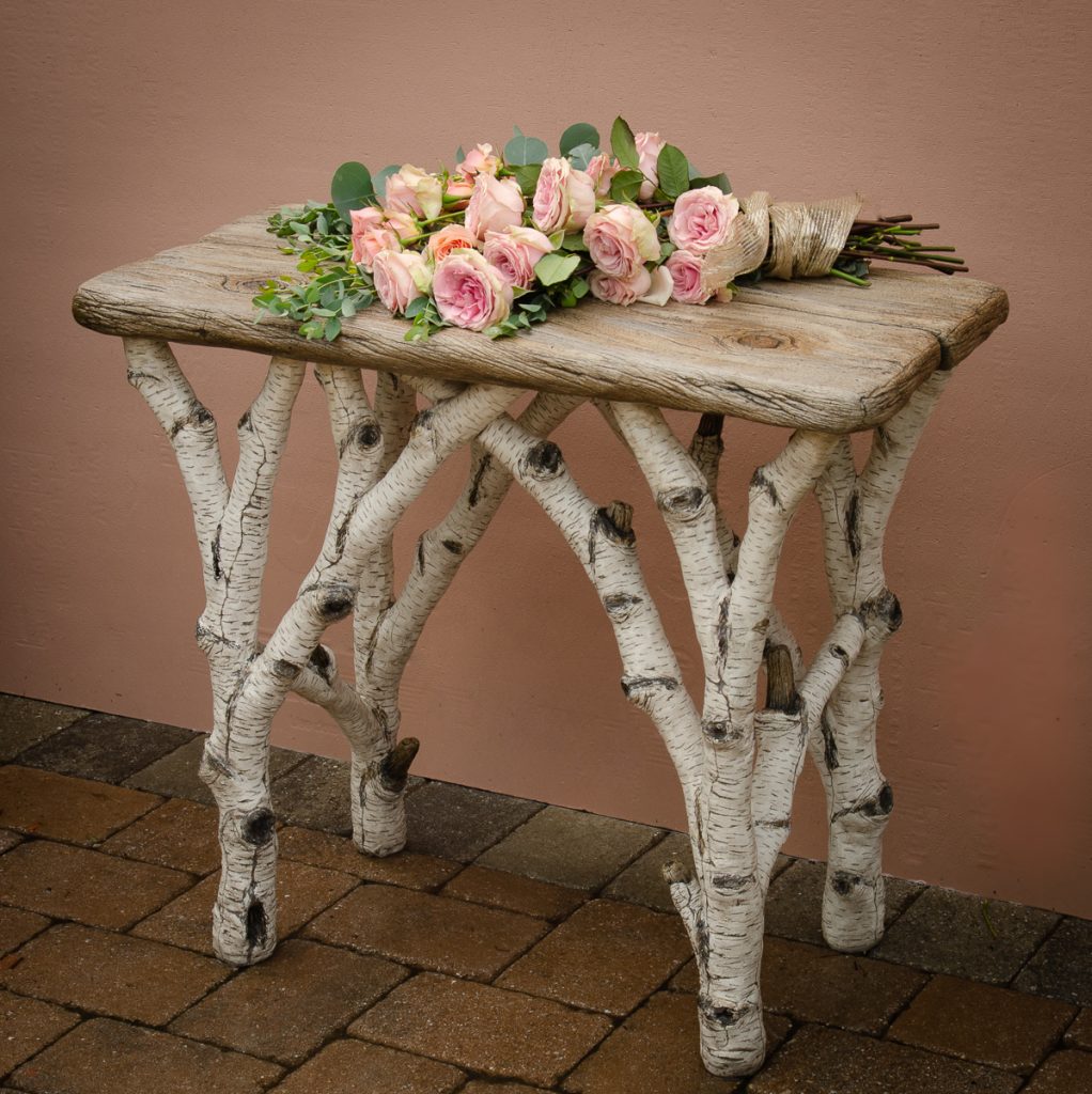 Faux bois birch console table with roses