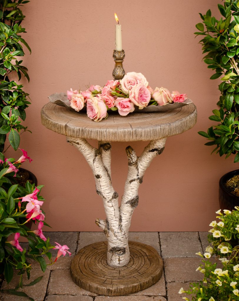 faux bois birch table with roses and candle