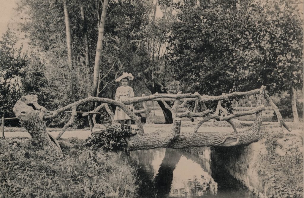 child on faux bois bridge