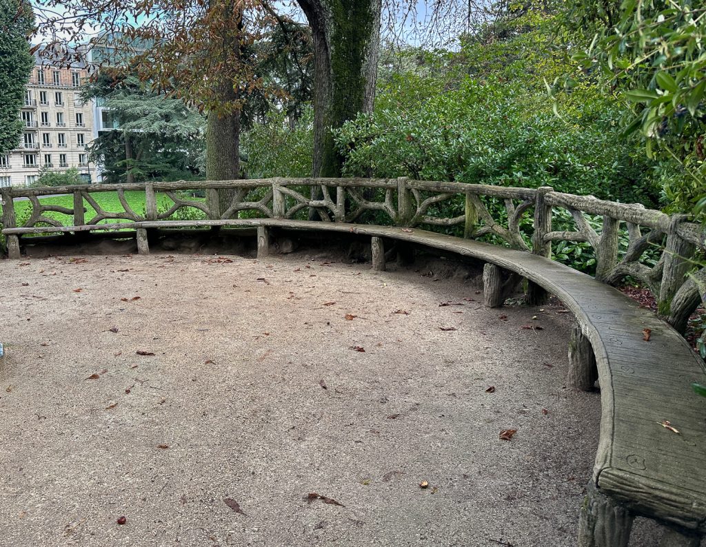 Faux bois benches above the cascade at Parc Montsouris