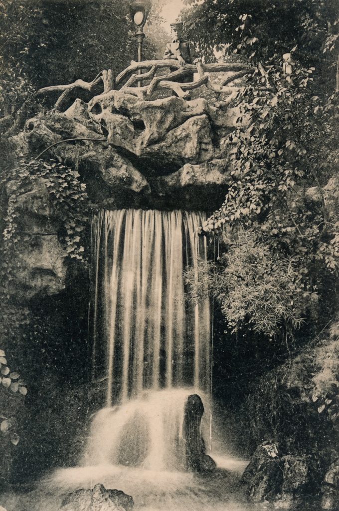 old postcard of concrete Cascade at Parc Montsouris